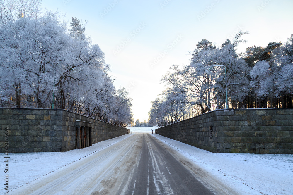 Woodland Cemetery in Stockholm, Sweden during winter