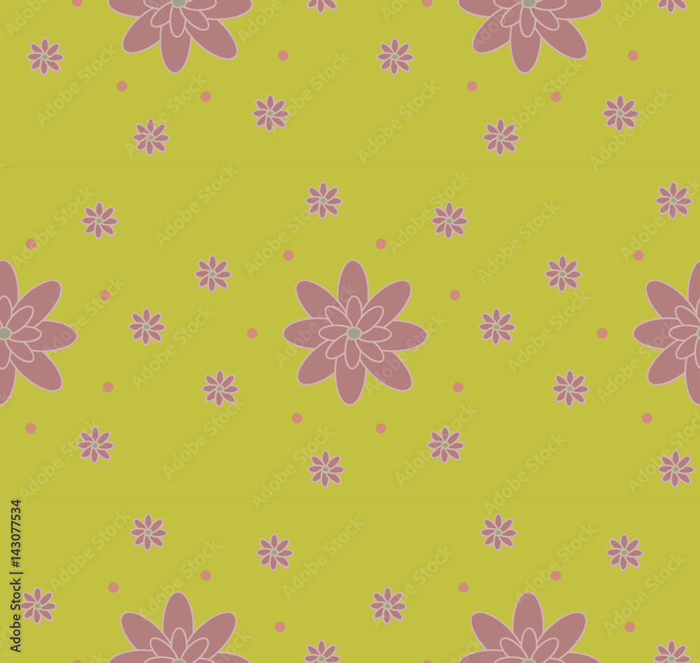 Seamless pattern the cute purple flowers with dots on the light green background.Can be used to create paper for wrapping gifts, wallpaper, fabrics, home textiles and background for website. Vector Seamless pattern the cute purple flowers with dots on the light green background.Can be used to create paper for wrapping gifts, wallpaper, fabrics, home textiles and background for website. Vector