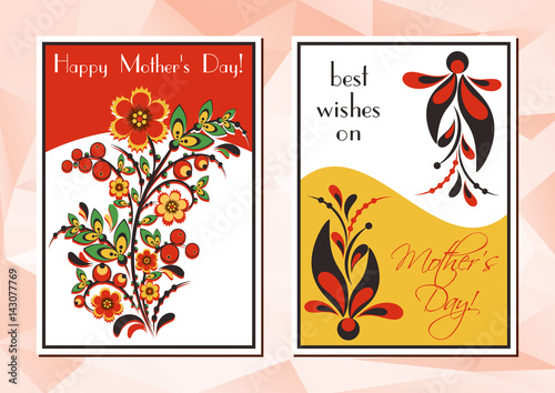 Greeting cards with Khokhloma floral ornament. Postcards in two variants for Women's Day, Mother's Day, Birthday, Anniversary. Vector illustration