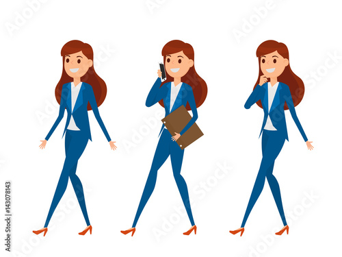 Business woman characters. Woman in elegant office clothes with a variety poses  talking on phone  walking  and thinking.