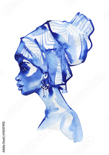 Watercolor african woman fashion portrait. Hand drawn beauty girl on white background. Painting monochrome illustration