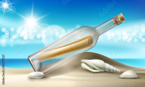 Vector illustration of a glass bottle with a message lying on a sandy beach with seashells and pebbles. Beautiful turquoise poster in a realistic style