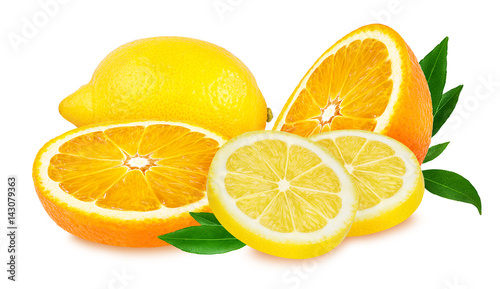  lemon and orange fruit isolated on white
