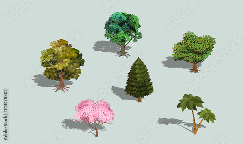 Set of vector 3D isometric trees with shadow. Collection of icons of street plants for creating your own design