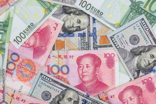 Close up of foreign currency banknotes as background.