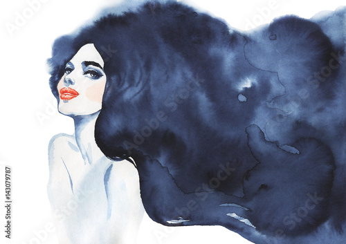 Hand drawn beauty brunette woman. Watercolor abstract portrait of sexy girl. Painting fashion illustration on white background