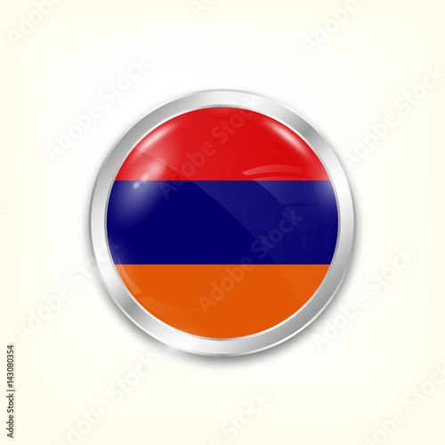 Round button national flag of Armenia with the reflection of light and shadow. Icon country. Realistic vector illustration.