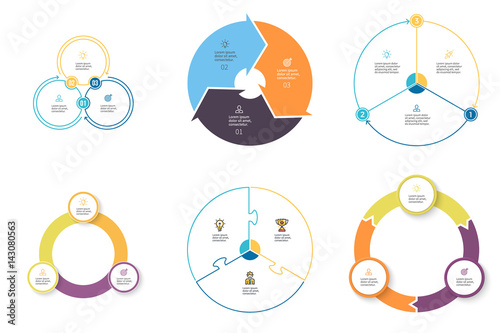 Business infographics. Diagrams with 3 steps, options. Vector pie charts.