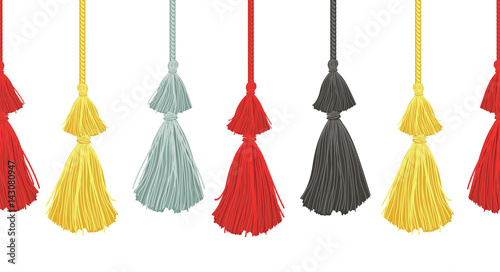Vector Hanging Decorative Tassels Set With Ropes Horizontal Seamless Repeat Border Pattern. Great for handmade cards, invitations, wallpaper, packaging, nursery designs.