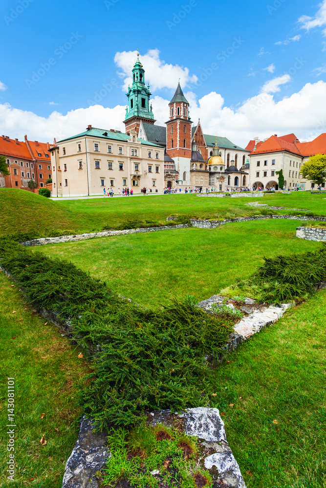 Panoramic view of a Wawel castle and Cathedral with garden in the foreground, Cracow, Poland.
