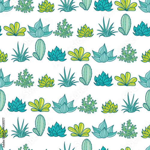 Vector Blue Green Stripes Seamless Repeat Pattern With Growing Succulents and Cacti In Pots. Trendy tropical design for textile, fabric, packaging, backdrops, wallpaper.