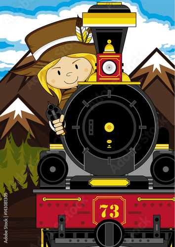 Cartoon Cowboy and Steam Train