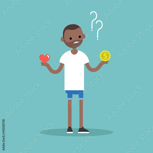 Money or love. Difficult choice. Decision making / Flat editable vector illustration, clip art