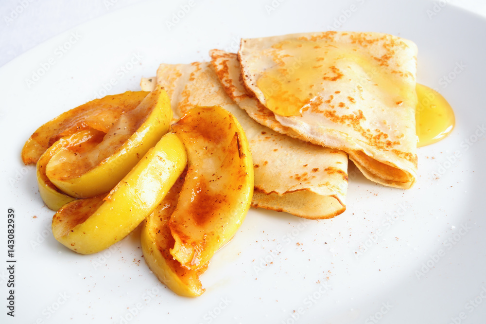 pancakes with caramelized apple slices and honey pancakes with caramelized apple slices and honey