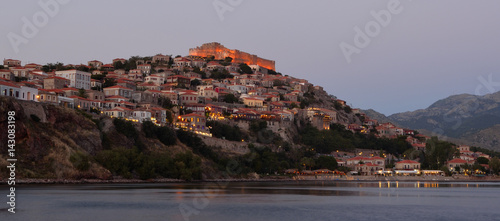  Evening lights of Molyvos with castle restaurants hotels and bars.