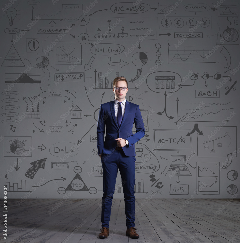 Businessman standing on a schematic background. Business and office, concept. Businessman standing on a schematic background. Business and office, concept.