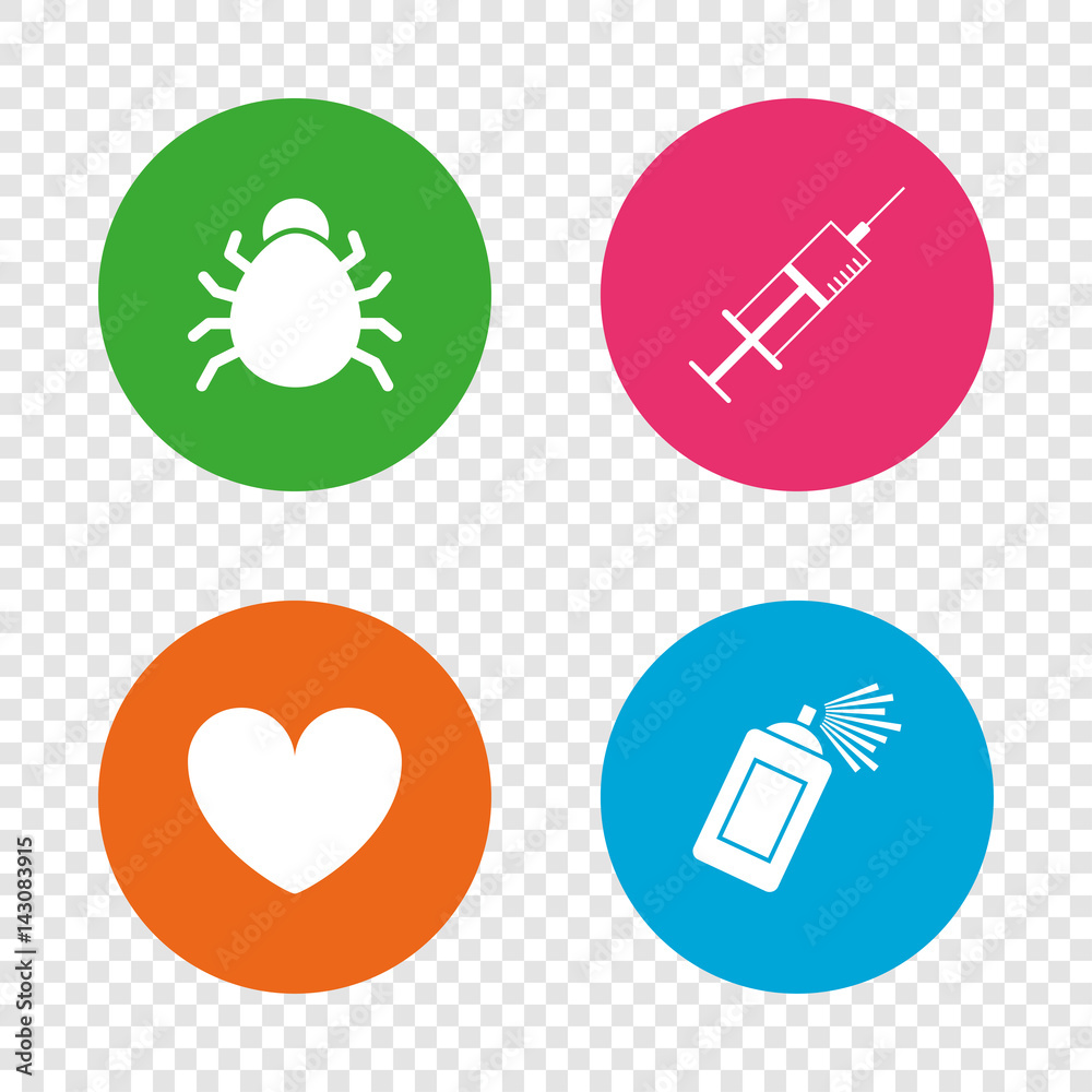 Bug and vaccine signs. Heart, spray can icons. Bug and vaccine signs. Heart, spray can icons.