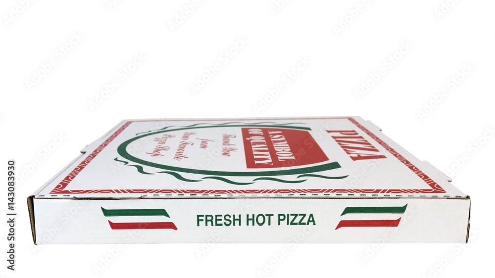 Top, side and front view of isolated pizza box. Stock Photo