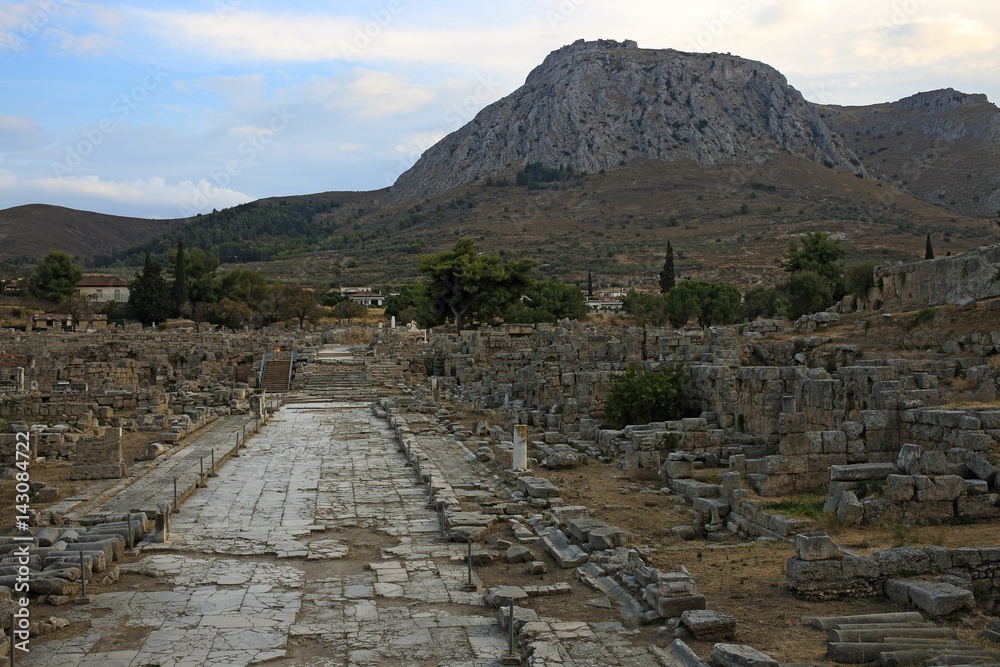 ruins of Lechaio road in Ancient Corinth, Greece