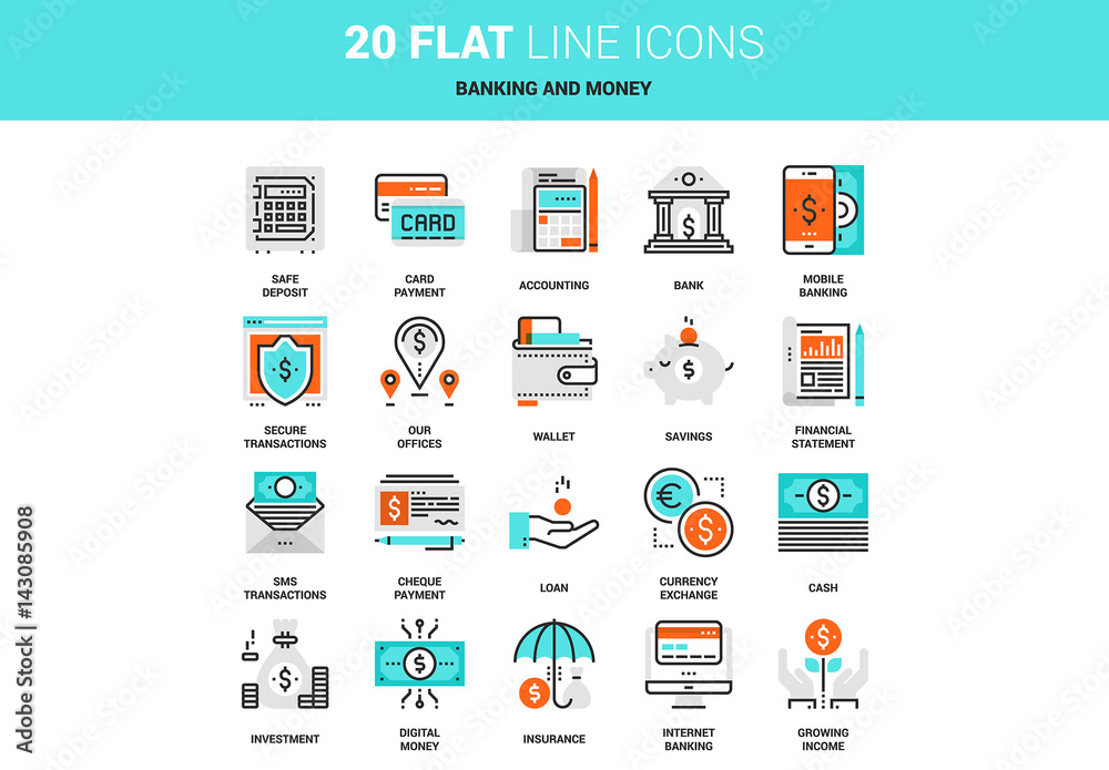 20 Line Art Banking and Money Icons Stock Template | Adobe Stock