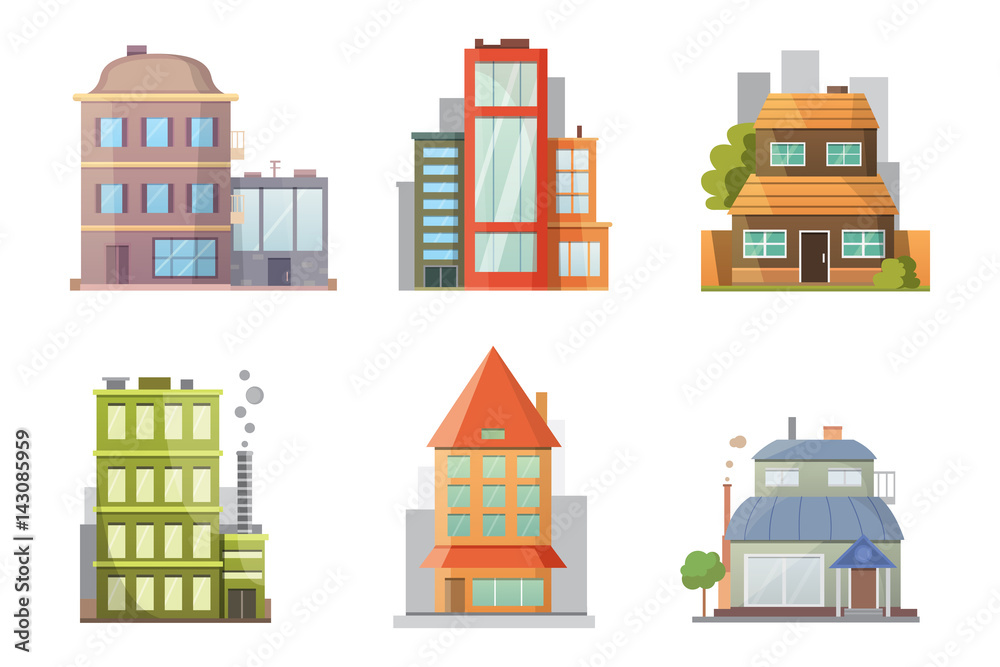 Flat design of retro and modern city houses. Old buildings, skyscrapers. colorful cottage building, cafe house. Flat design of retro and modern city houses. Old buildings, skyscrapers. colorful cottage building, cafe house.