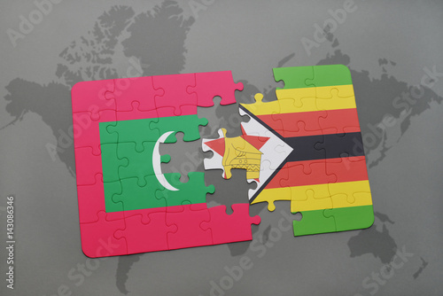 puzzle with the national flag of maldives and zimbabwe on a world map