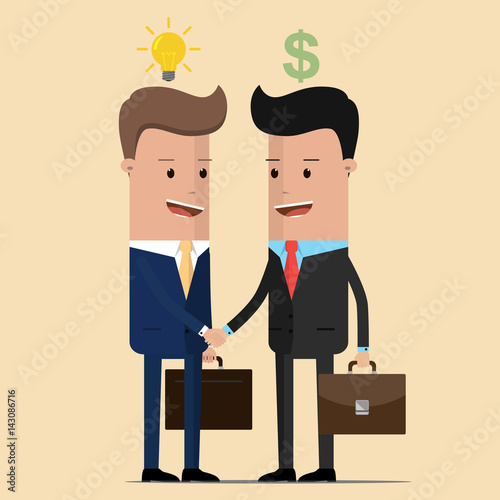 Two businessmen handshake deal trading light bulb idea and money. Vector illustration