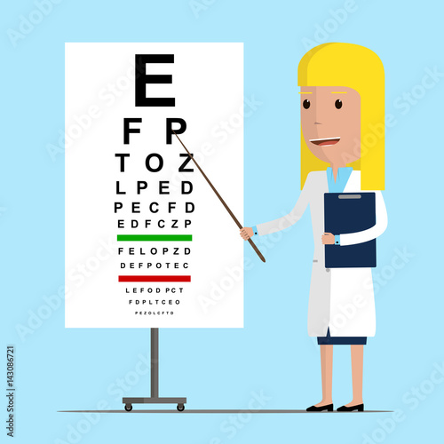 Ophthalmologist point out to eyesight check table. Oculist doctor concept. Vector illustration
