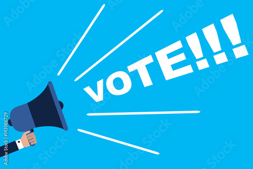 Hand holding megaphone with speech Vote