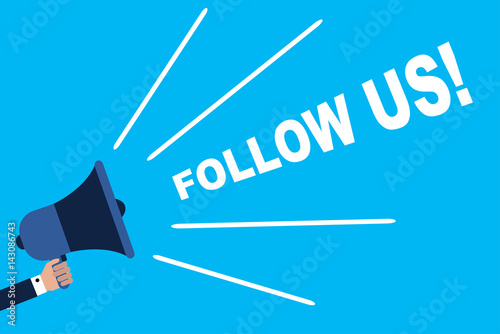 Hand holding megaphone with speech Follow us