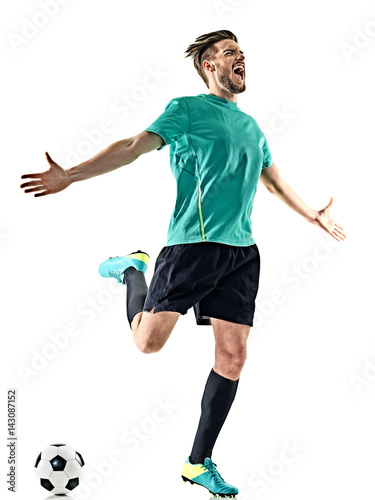 Fototapeta Naklejka Na Ścianę i Meble -  one caucasian soccer player man happy celebration isolated on white background