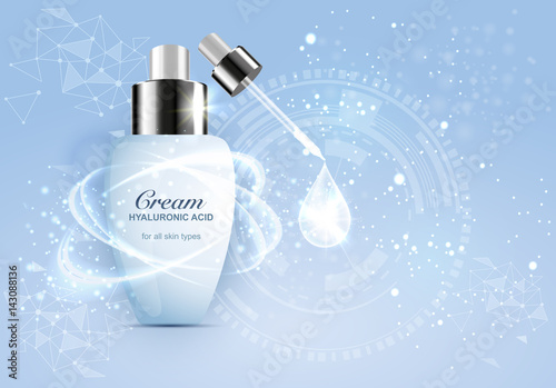 bottle of serum with hyaluronic acid, advertising design template cosmetics