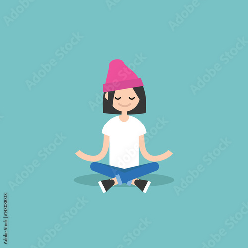 Young girl meditating with closed eyes in lotus pose. Yoga and meditation / flat editable vector illustration, clip art