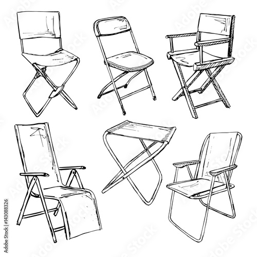 Set of folding chairs on a white background isolation. Vector illustration in a sketch style.