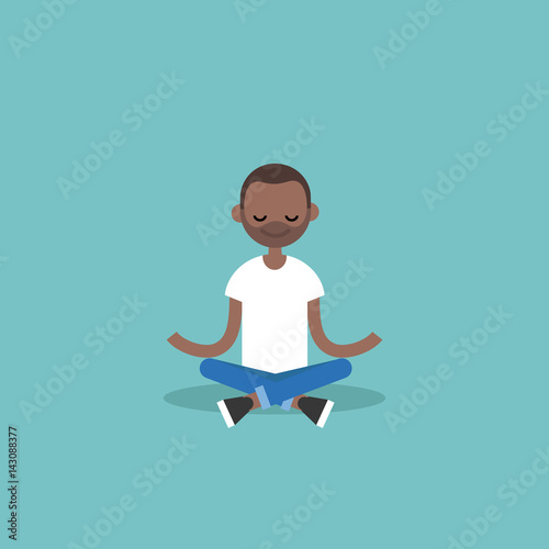 Young black man meditating with closed eyes in lotus pose. Yoga and meditation / flat editable vector illustration, clip art