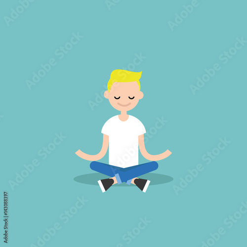 Young blond boy meditating with closed eyes in lotus pose. Yoga and meditation / flat editable vector illustration, clip art