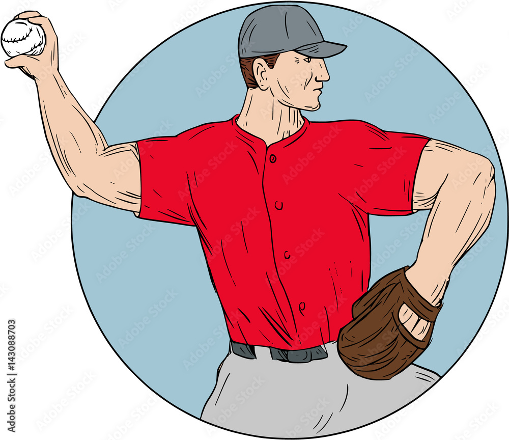 American Baseball Pitcher Throwing Ball Circle Drawing, Stock vector