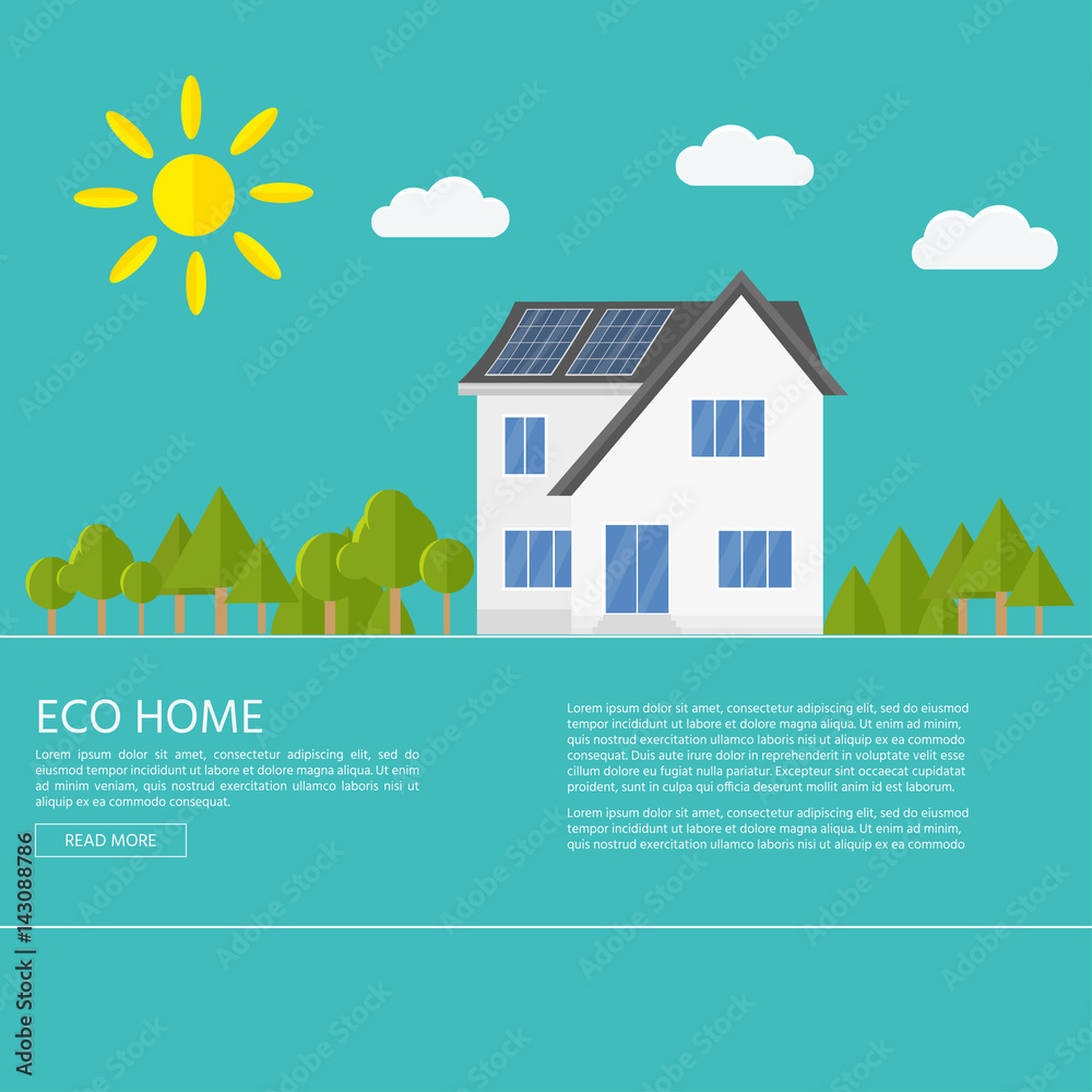 Clean modern house with solar panels. Eco friendly alternative energy. Ecosystem infographics.