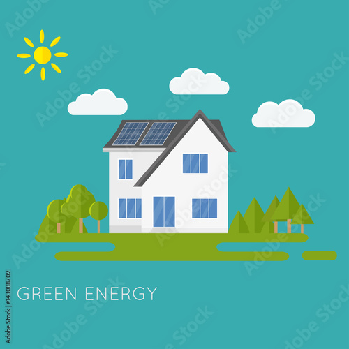 Clean modern house with solar panels. Eco friendly alternative energy. Ecosystem infographics.