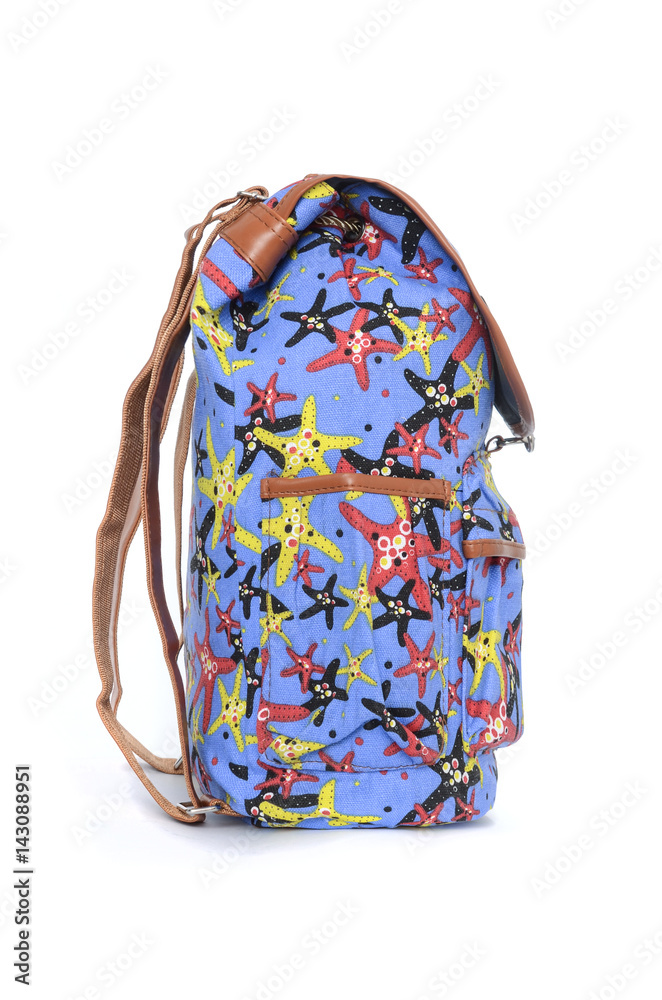 blue backpack with starfish pattern isolated on white blue backpack with starfish pattern isolated on white
