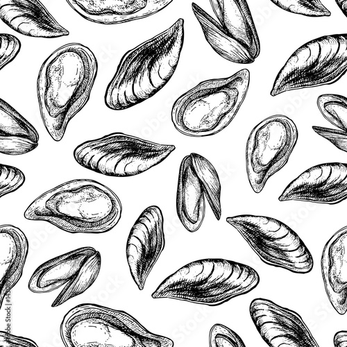 Mussel hand drawn vector seamless pattern. Engraved style vintage seafood. Oyster background
