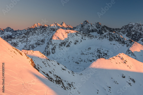 Poland, Winter High Tatras seen from Zawrat pass in the evening