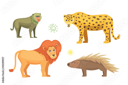 African animals cartoon vector set. elephant, rhino, giraffe, cheetah, zebra, hyena, lion, hippo, crocodile, gorila and outhers. safari isolated illustration.