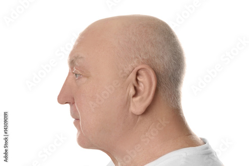 Bald senior man on white background