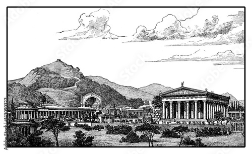 XIX century engraving describing how could have been the Sanctuary of Olympia  in Elis on the Peloponnese peninsula in the antique times, not damaged over the course of centuries.