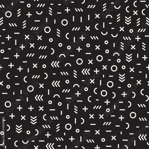 Retro geometric line shapes seamless patterns. Abstract jumble textures. Black and white scattered shapes