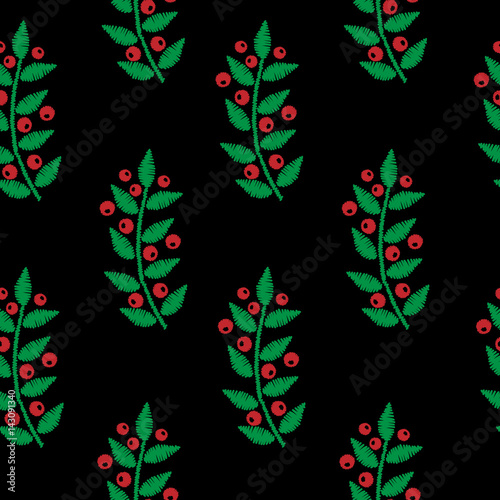 Seamless embroidery imitation pattern with red berry and green leaf