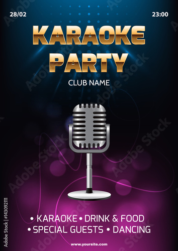 Karaoke party invitation flyer template. Dark background with abstract light and glare. Silver retro microphone in center. A4 size. Vector eps 10.