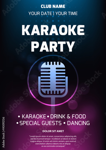 Karaoke party invitation flyer template. Dark background with abstract light and glare. Retro microphone silhouette in center. A4 size. Vector eps 10.
