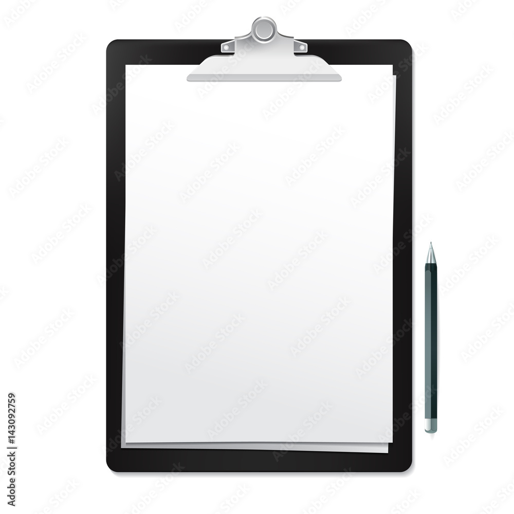 Realistic black clipboard with white empty page and pen on white background. Vector mockup for your sketches and inscriptions presentation. Realistic black clipboard with white empty page and pen on white background. Vector mockup for your sketches and inscriptions presentation.